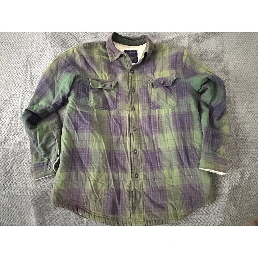Club Room Mens Sherpa‎ Lined Plaid Flannel Shirt Jacket Green Navy Blue Large